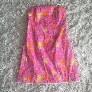 Lilly Pulitzer strapless printed mini dress, pink, orange, and yellow, size 6
